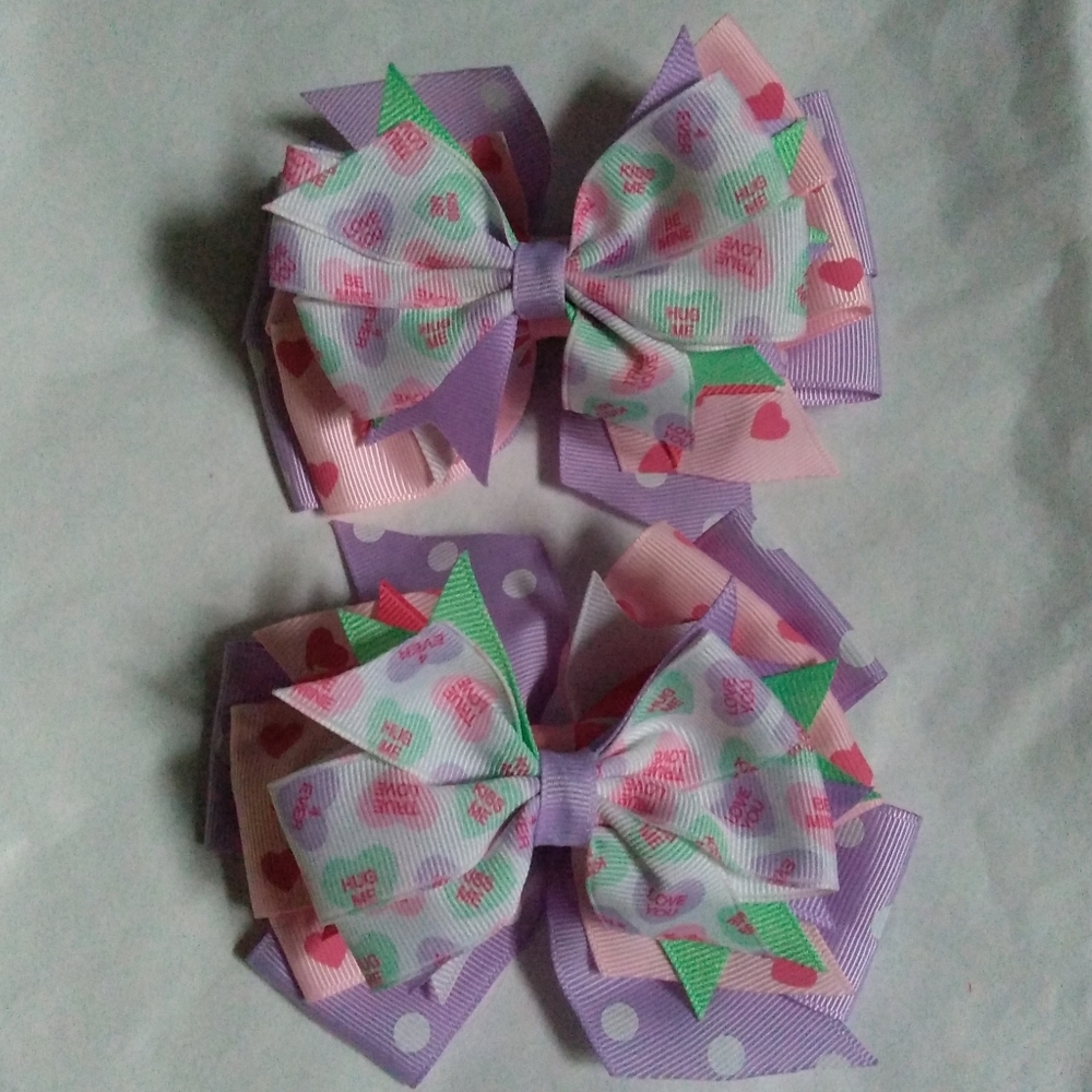 Handmade Boutique Valentine Candy Hearts Stacked Hair Bows
